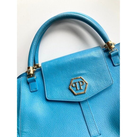 PHILIPP PLEIN Jenna Large Basics Shell Bag Studded Blue Leather Tote Bag Purse - Picture 4 of 14